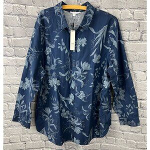 Chico's No Iron Button Front Shirt Autumn Whisps Tunic Size 4 US 20 NWT Blue